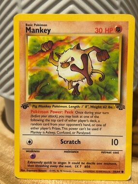 Pokemon Mankey, Vintage Card, 1999, 96, 98, Collectible, Fan Favorite
